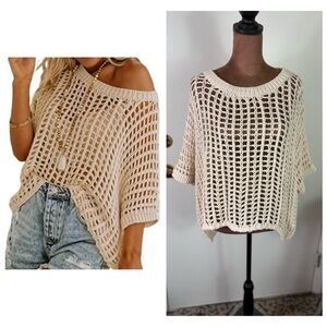 Miou Muse Women's Sz L Open crochet Knit layering lightweight Sweater Cream